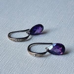 Sterling Silver French Hook Drop Earrings with  Purple Teardrops